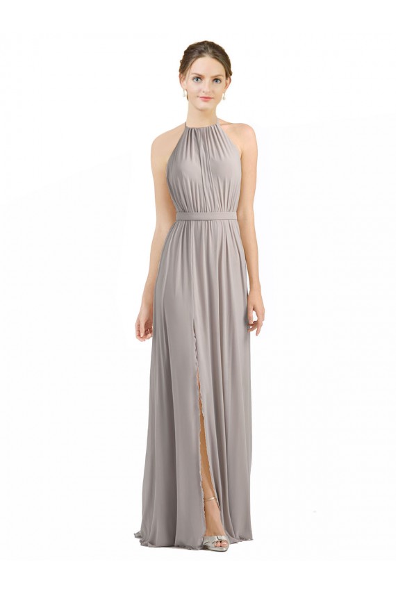 Sleeveless Oyster Silver Halter Neck Open Back Soft Chiffon A-Line Bridesmaid Dress Brisbane