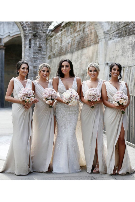 Sleeveless V-Neck Low Back Soft Chiffon A-Line Bridesmaid Dress Brisbane