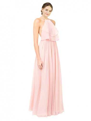 Sleeveless Pink Halter Neck Open Back Soft Chiffon A-Line Formal Dress / Bridesmaid Dress Brisbane