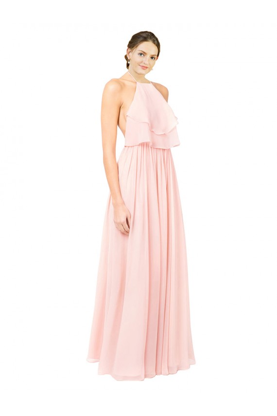 Sleeveless Pink Halter Neck Open Back Soft Chiffon A-Line Formal Dress / Bridesmaid Dress Brisbane