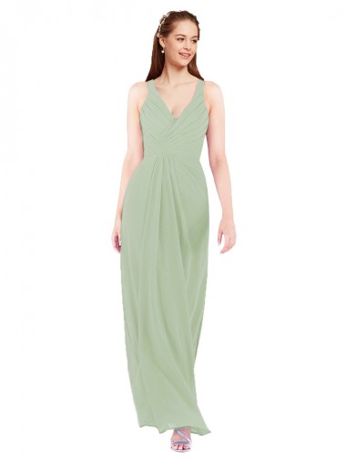 Sleeveless Smoke Green V-Neck Keyhole Back Soft Chiffon Sheath Bridesmaid Dress Brisbane