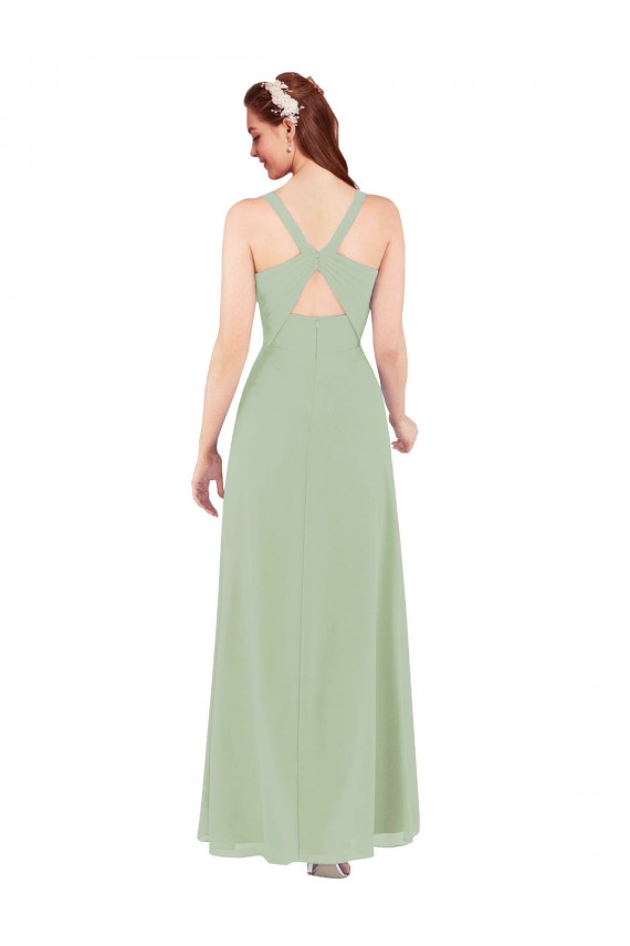 Sleeveless Smoke Green V-Neck Keyhole Back Soft Chiffon Sheath Bridesmaid Dress Brisbane