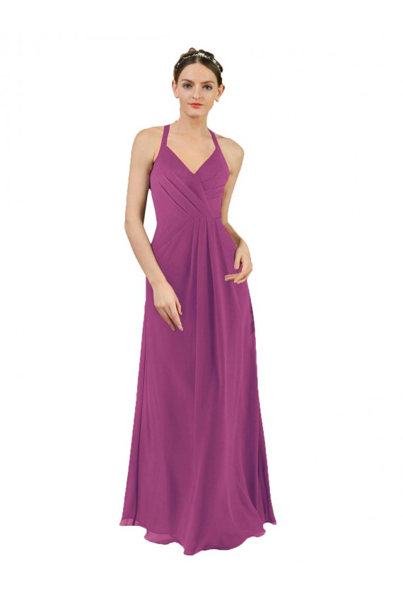 Sleeveless Wild Berry V-Neck Keyhole Back Soft Chiffon Sheath Bridesmaid Dress Brisbane