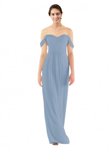 Sleeveless Dusty Blue Off the Shoulder Soft Chiffon Sheath Bridesmaid Dress Brisbane