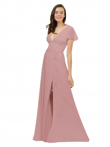 Flutter Sleeves Dusty Pink V-Neck V-Back Chiffon A-Line Bridesmaid Dress / Evening Dress Brisbane