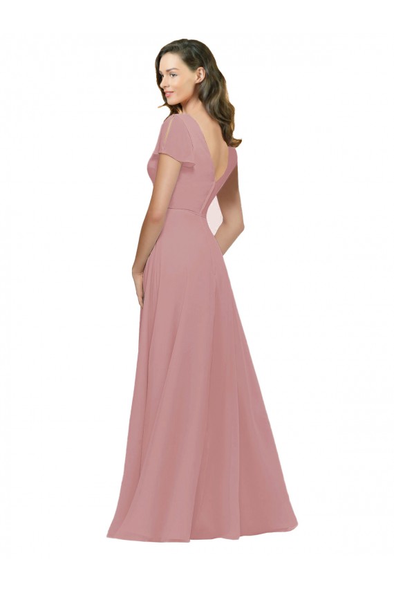 Flutter Sleeves Dusty Pink V-Neck V-Back Chiffon A-Line Bridesmaid Dress / Evening Dress Brisbane