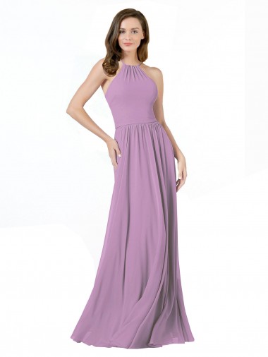 Sleeveless Dark Lavender Halter Neck Soft Chiffon A-Line Bridesmaid Dress Brisbane