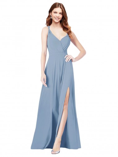 Sleeveless Dusty Blue Spaghetti Straps Keyhole Back Soft Chiffon A-Line Formal Dress / Bridesmaid Dress Brisbane