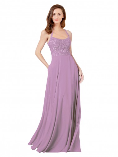 Sleeveless Dark Lavender Spaghetti Straps Soft Chiffon & Lace A-Line Bridesmaid Dress Brisbane