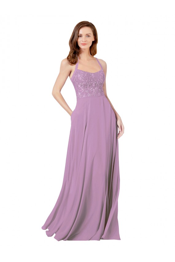 Sleeveless Dark Lavender Spaghetti Straps Soft Chiffon & Lace A-Line Bridesmaid Dress Brisbane