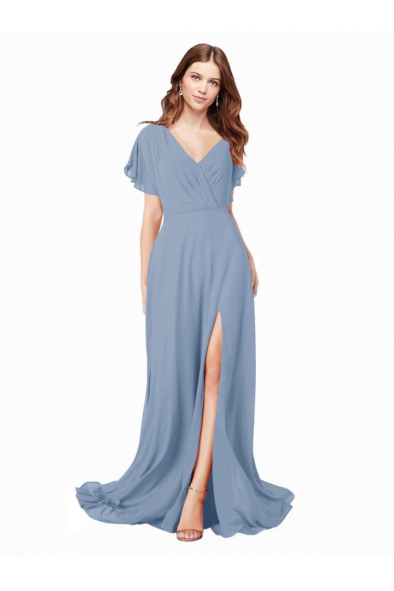 Cap Sleeves V-Neck Soft Chiffon A-Line Black Tie Prom Dress / Bridesmaid Dress Brisbane