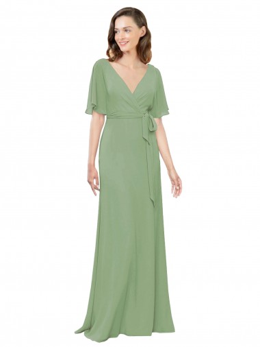 Short Flutter Sleeves V-Neck Soft Chiffon A-Line Bridesmaid Dress Brisbane