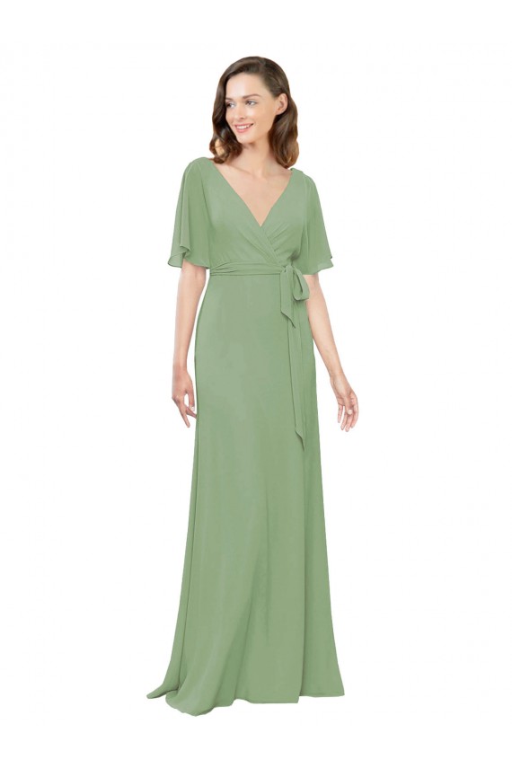 Short Flutter Sleeves V-Neck Soft Chiffon A-Line Bridesmaid Dress Brisbane