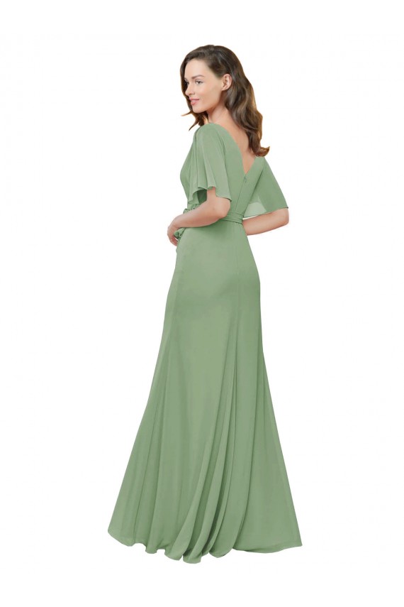 Short Flutter Sleeves V-Neck Soft Chiffon A-Line Bridesmaid Dress Brisbane