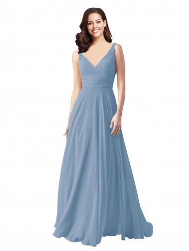 Sleeveless Dusty Blue V-Neck Chiffon A-Line Wedding Party Dress Brisbane