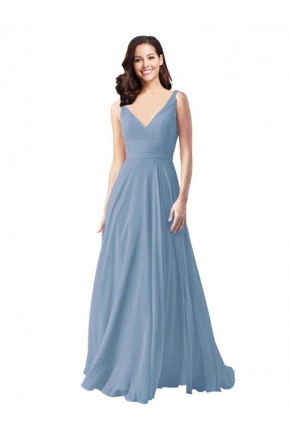Sleeveless Dusty Blue V-Neck Chiffon A-Line Wedding Party Dress Brisbane