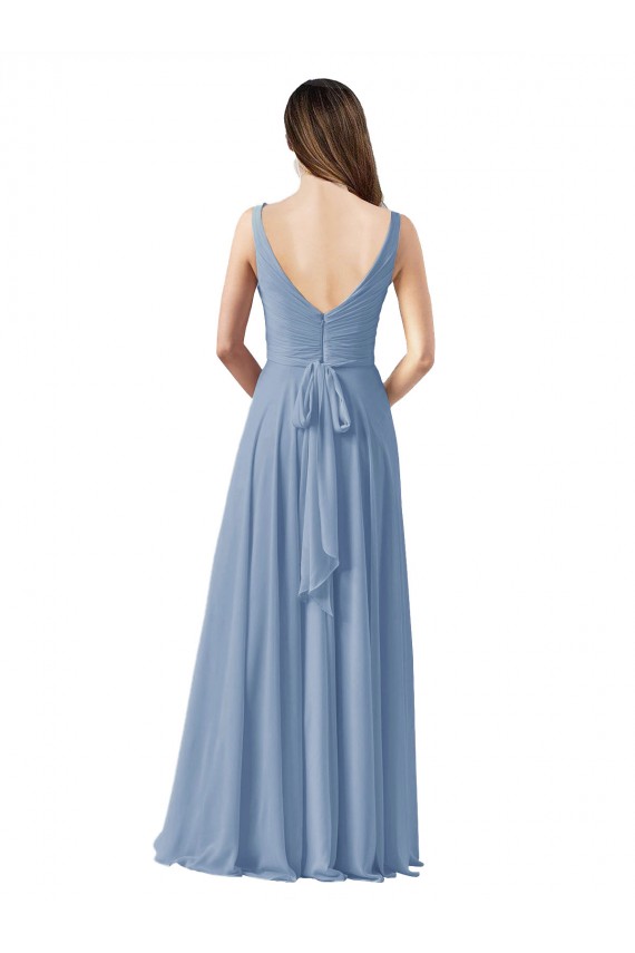 Sleeveless Dusty Blue V-Neck Chiffon A-Line Wedding Party Dress Brisbane