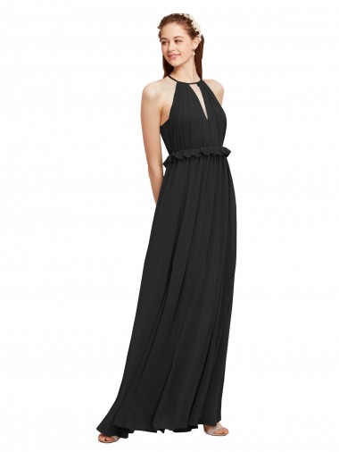Sleeveless Black Halter Neck Keyhole Back Soft Chiffon Sheath Bridesmaid Dress Brisbane
