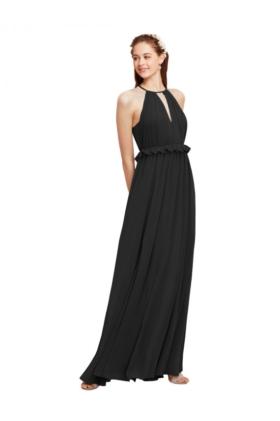 Sleeveless Black Halter Neck Keyhole Back Soft Chiffon Sheath Bridesmaid Dress Brisbane