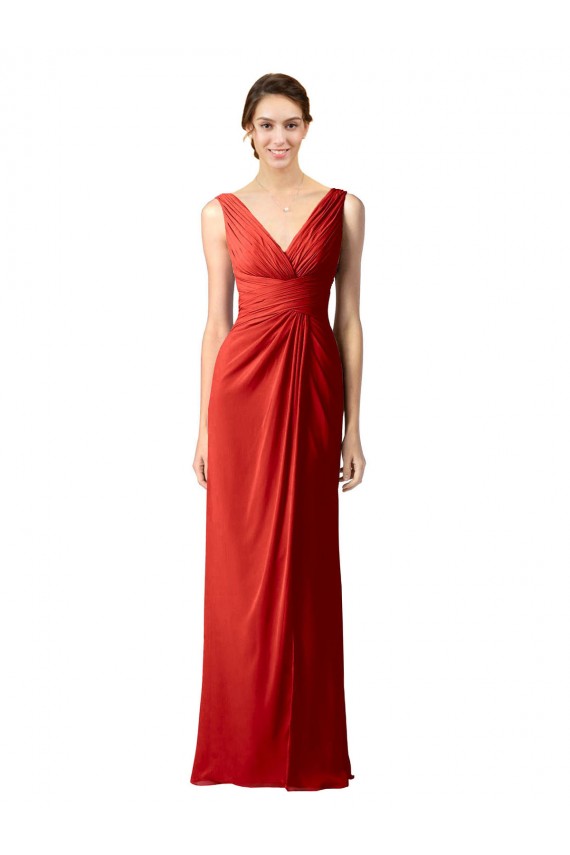 Sleeveless Red V-Neck V-Back Soft Chiffon Sheath Bridesmaid Dress Brisbane