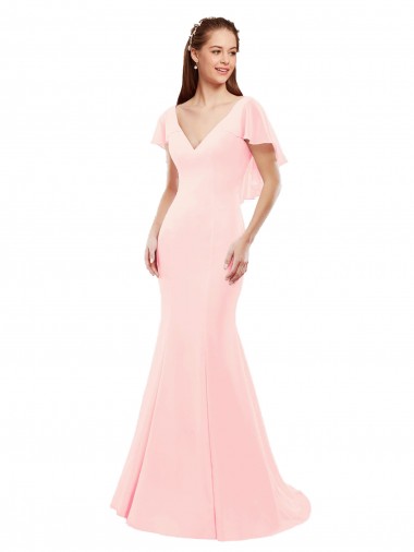 Flutter Sleeves V-Neck Low Back Soft Chiffon Mermaid Bridesmaid Dress Brisbane