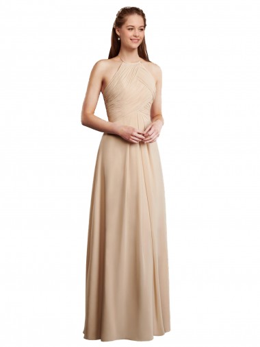 Sleeveless Champagne Halter Neck Low Back Soft Chiffon A-Line Bridesmaid Dress Brisbane