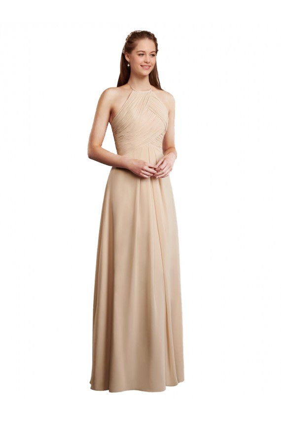 Sleeveless Champagne Halter Neck Low Back Soft Chiffon A-Line Bridesmaid Dress Brisbane