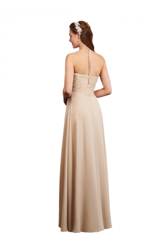 Sleeveless Champagne Halter Neck Low Back Soft Chiffon A-Line Bridesmaid Dress Brisbane