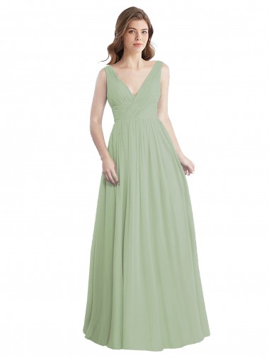 Sleeveless Smoke Green V-Neck V-Back Soft Chiffon A-Line Formal Dress / Bridesmaid Dress Brisbane