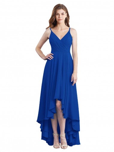 Sleeveless Royal Blue Spaghetti Straps Open Back Soft Chiffon A-Line High Low Bridesmaid Dress Brisbane