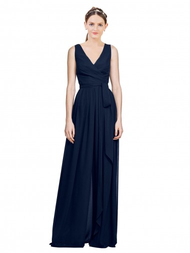 Sleeveless Dark Navy V-Neck Chiffon A-Line Wedding Party Dress Brisbane