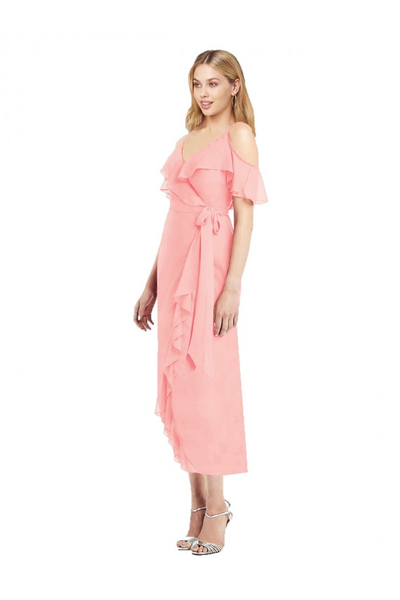 Cold Shoulder Salmon Spaghetti Straps Soft Chiffon Trumpet High Low Bridesmaid Dress Brisbane