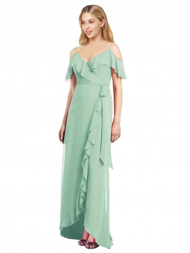 Cold Shoulder Mint Green Spaghetti Straps Soft Chiffon Trumpet High Low Bridesmaid Dress Brisbane