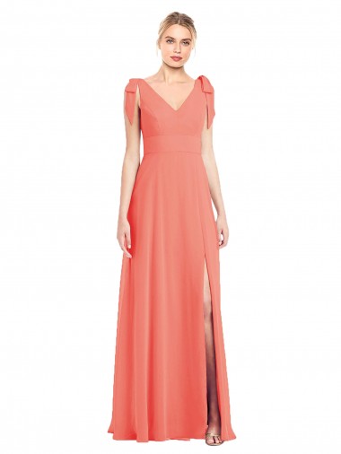 Sleeveless Coral V-Neck V-Back Soft Chiffon Trumpet Bridesmaid Dress Brisbane