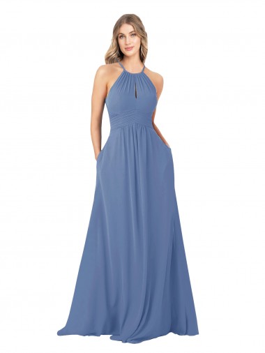 Sleeveless High Neck Open Back Soft Chiffon A-Line Bridesmaid Dress Brisbane