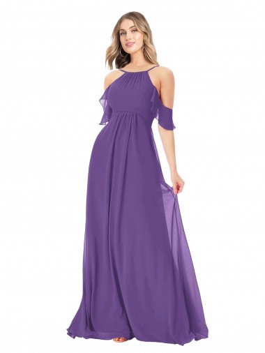 Cold Shoulder Plum Purple Off the Shoulder Soft Chiffon A-Line Bridesmaid Dress Brisbane
