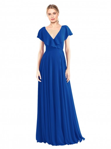 Flutter Sleeves Royal Blue V-Neck V-Back Soft Chiffon A-Line Bridesmaid Dress Brisbane