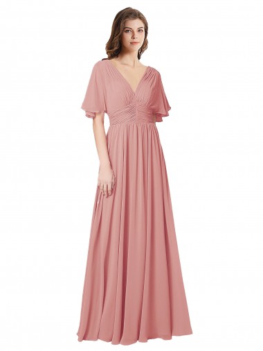 Flutter Sleeves V-Neck V-Back Soft Chiffon A-Line Bridesmaid Dress Brisbane