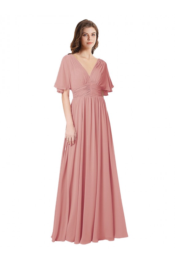 Flutter Sleeves V-Neck V-Back Soft Chiffon A-Line Bridesmaid Dress Brisbane
