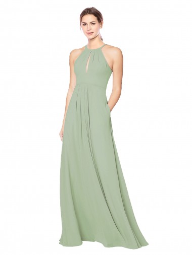 Sleeveless Smoke Green Halter Neck Keyhole Back Soft Chiffon A-Line Bridesmaid Dress Brisbane