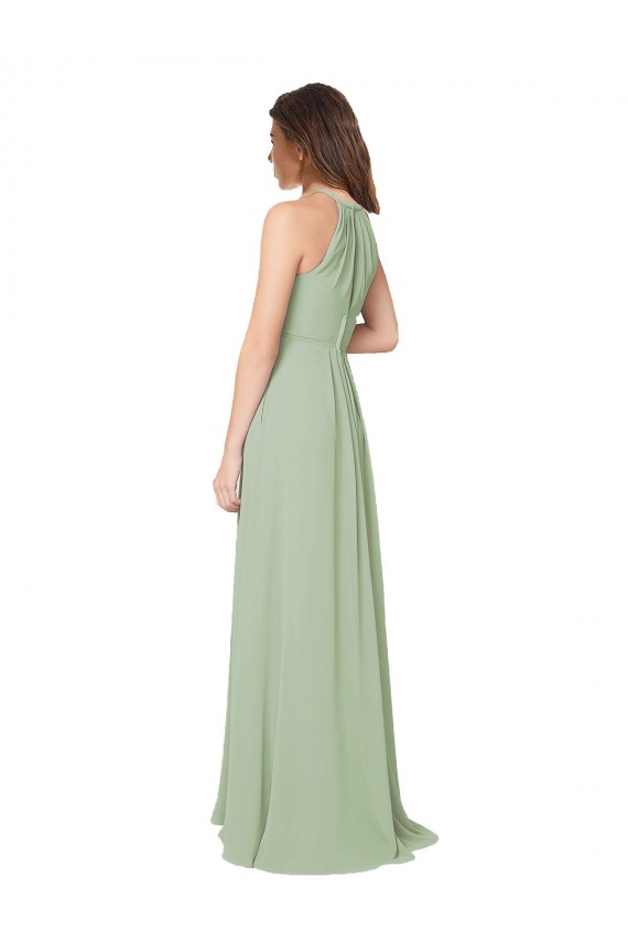 Sleeveless Smoke Green Halter Neck Keyhole Back Soft Chiffon A-Line Bridesmaid Dress Brisbane