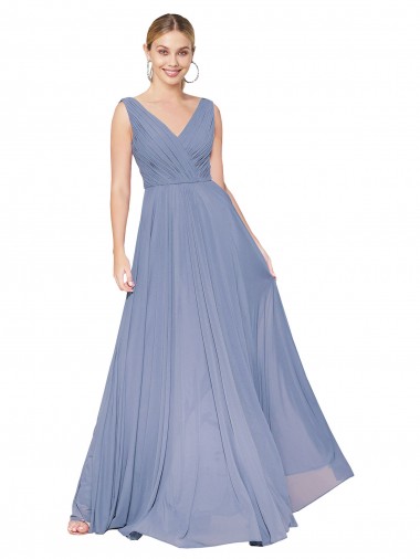 Sleeveless Dusty Blue V-Neck V-Back Soft Chiffon A-Line Formal Evening Gown / Prom Dress / Bridesmaid Dress Brisbane
