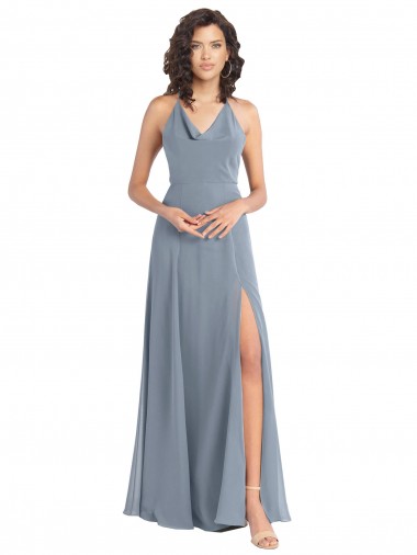 Sleeveless Dusty Blue Halter Neck V-Back Soft Chiffon A-Line Bridesmaid Dress Brisbane