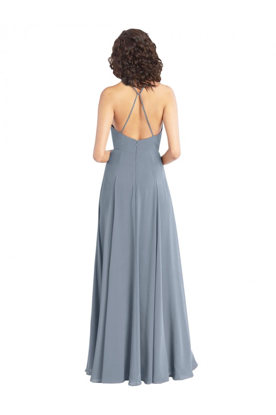 Sleeveless Dusty Blue Halter Neck V-Back Soft Chiffon A-Line Bridesmaid Dress Brisbane