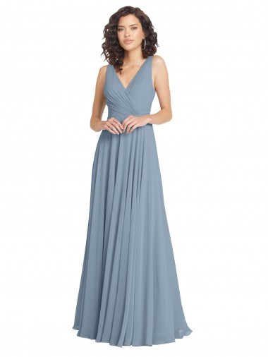 Sleeveless Dusty Blue V-Neck V-Back Soft Chiffon A-Line Bridesmaid Dress Brisbane