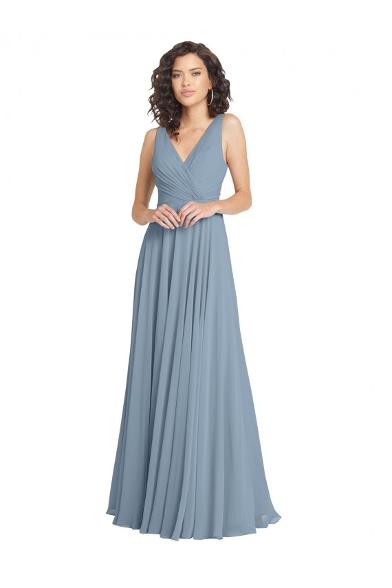 Sleeveless Dusty Blue V-Neck V-Back Soft Chiffon A-Line Bridesmaid Dress Brisbane