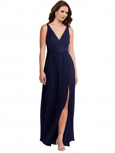 Sleeveless Dark Navy V-Neck V-Back Soft Chiffon A-Line Black Tie Evening Gown / Bridesmaid Dress Brisbane
