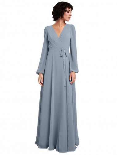 Long Sleeves V-Neck Soft Chiffon A-Line Bridesmaid Dress / Formal Dress Brisbane