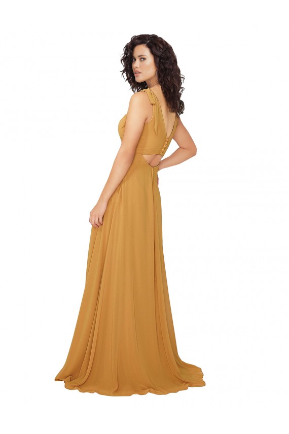 Sleeveless Saffron V-Neck Keyhole Back Soft Chiffon A-Line Bridesmaid Dress Brisbane