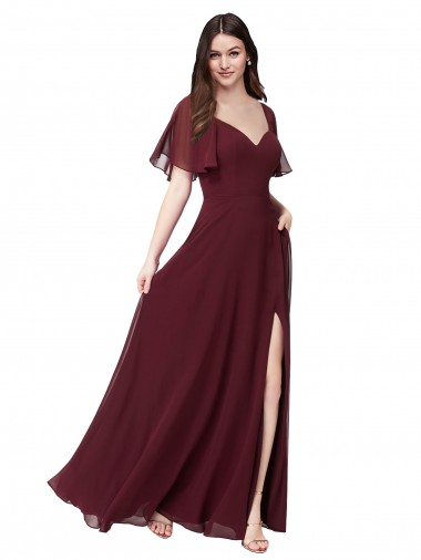 Short Flutter Sleeves Sweetheart Keyhole Back Soft Chiffon A-Line Formal Dress / Bridesmaid Dress Brisbane
